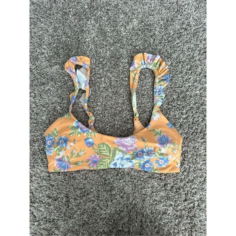 aerie floral print ruffle straps scoop neck bikini swim top size medium orange